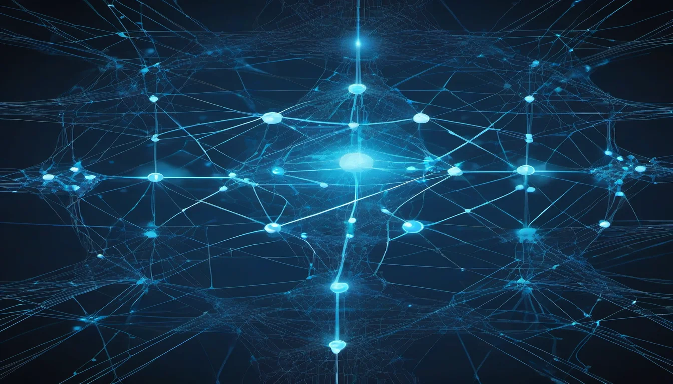 Abstract visualization of interconnected AI agent nodes forming a hierarchical network architecture with four distinct levels glowing in electric blue
