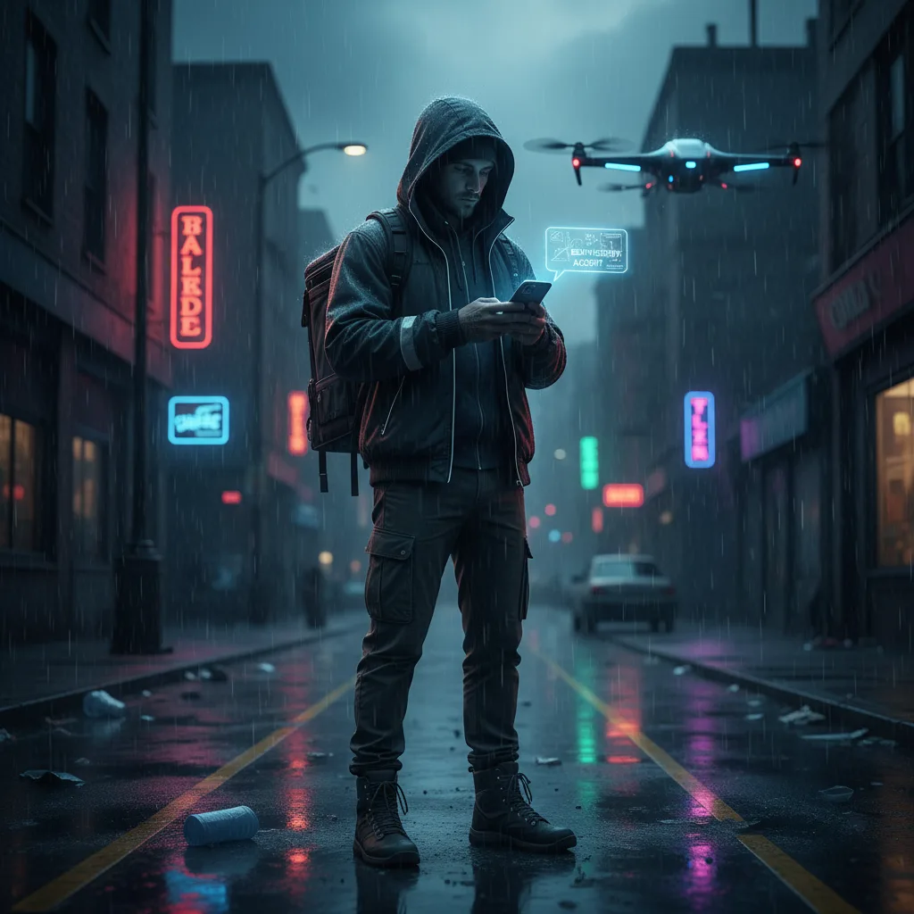 Delivery courier checking phone for AI-assigned task on a rainy city street at dusk