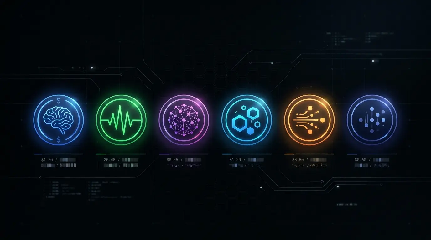 Side-by-side pricing comparison of AI model logos with per-million-token cost readouts