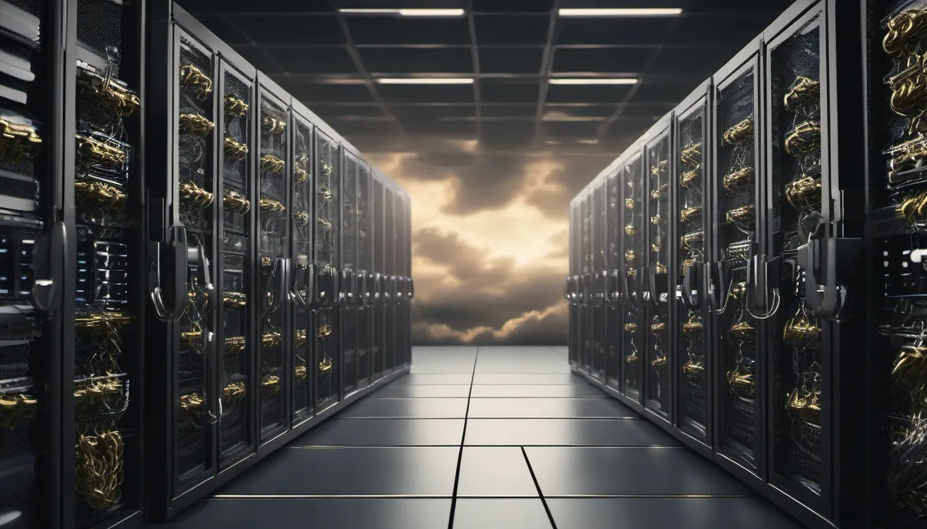 Cloud infrastructure with servers, networking diagrams, and data flow visualisation showing multiple clouds with interconnection. Dark background with signal green accents, matching trendfingers brand aesthetic.