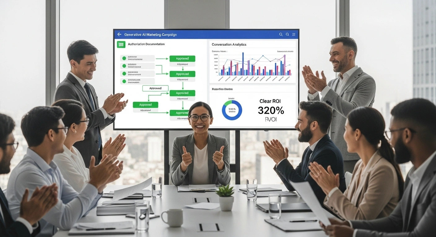 Business team celebrating successful generative AI marketing campaign results with authorization documentation, conversation analytics, and ROI metrics displayed in background