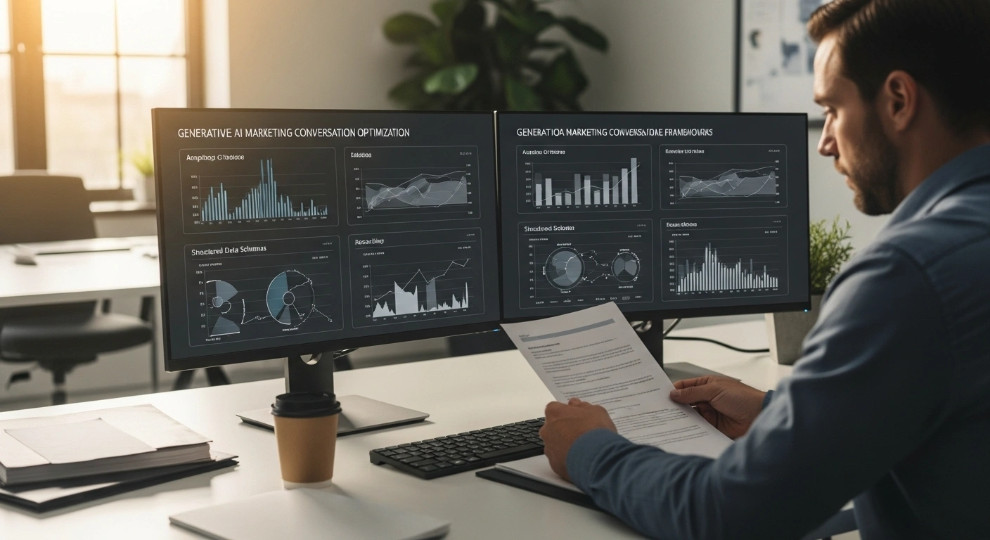 Professional analyzing generative AI marketing metrics and conversation optimization data on dual monitors with structured data schemas and authorization documentation