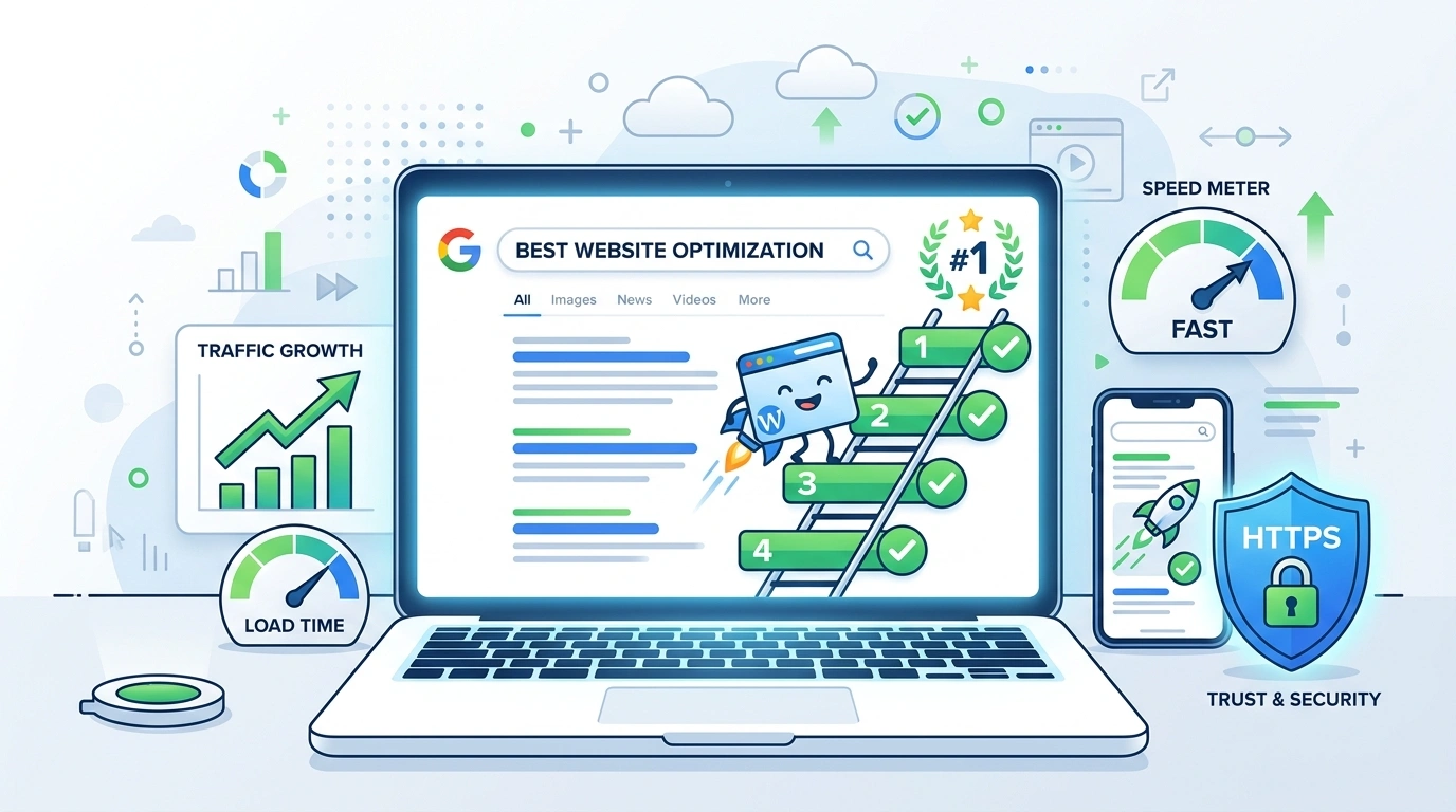A website climbing a Google search ranking ladder surrounded by SEO signals like speed, mobile-friendliness, and trust indicators.