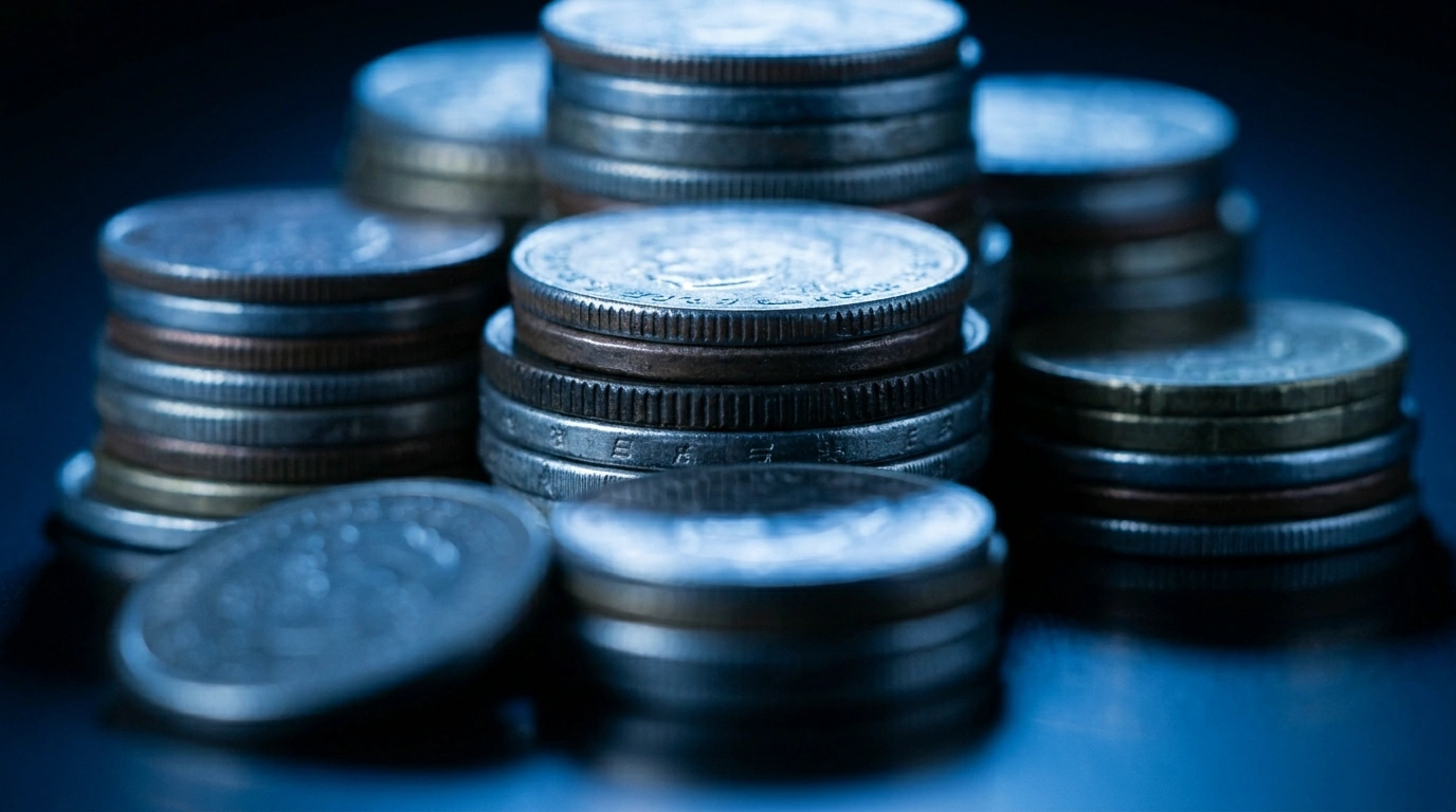 Abstract arrangement of stacked coins representing interest rate decisions and their impact on marketing budgets in 2026