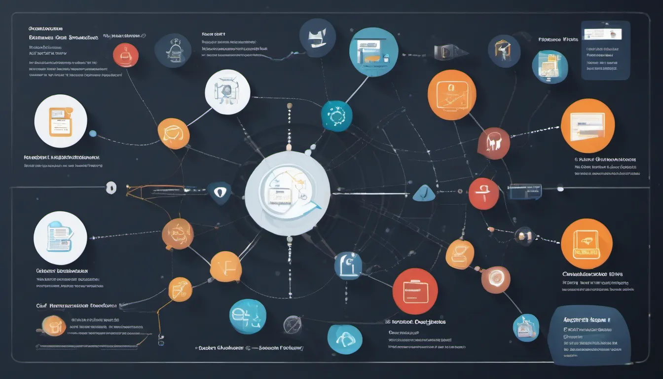 A team reviewing marketing tools on digital dashboards with overlapping apps and integrated workflows in a dark tech-themed setting
