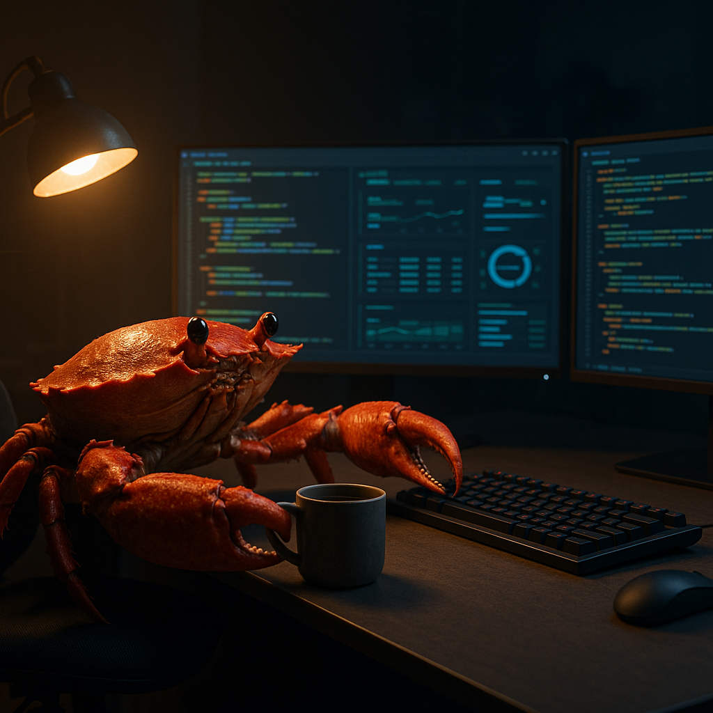 A crab coding at a developer desk with multiple monitors