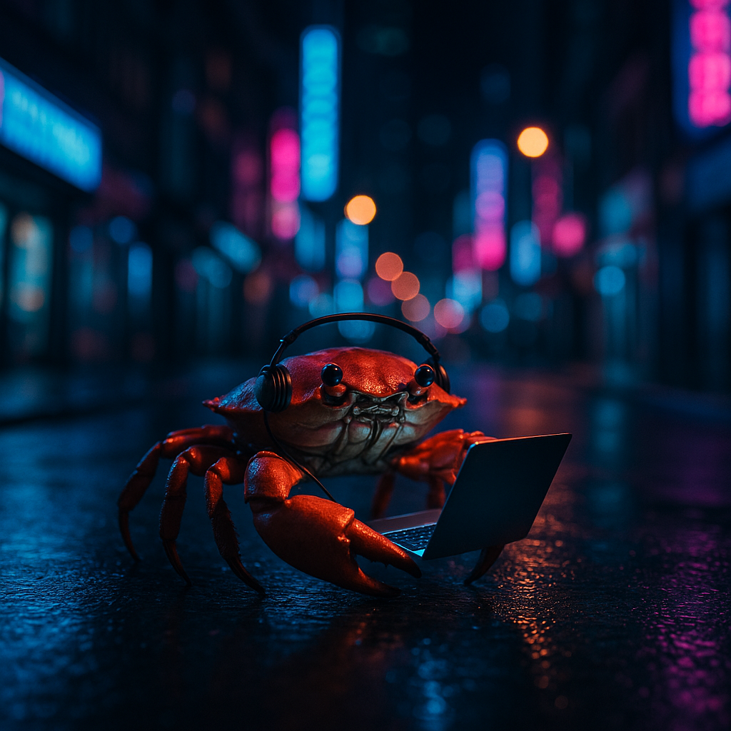 AI agents in the real world - OpenClaw crab mascot walking through neon city
