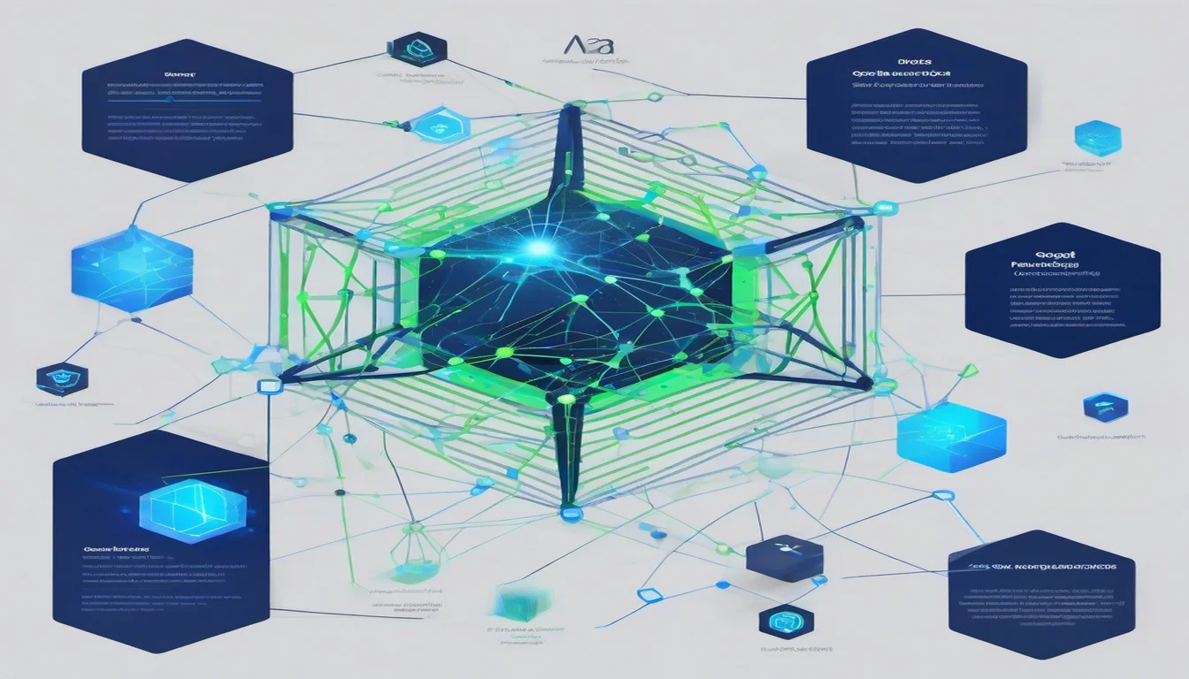 Abstract visualization of Google Performance Max campaign ecosystem with interconnected ad channel nodes and machine learning optimization in electric blue and neon green