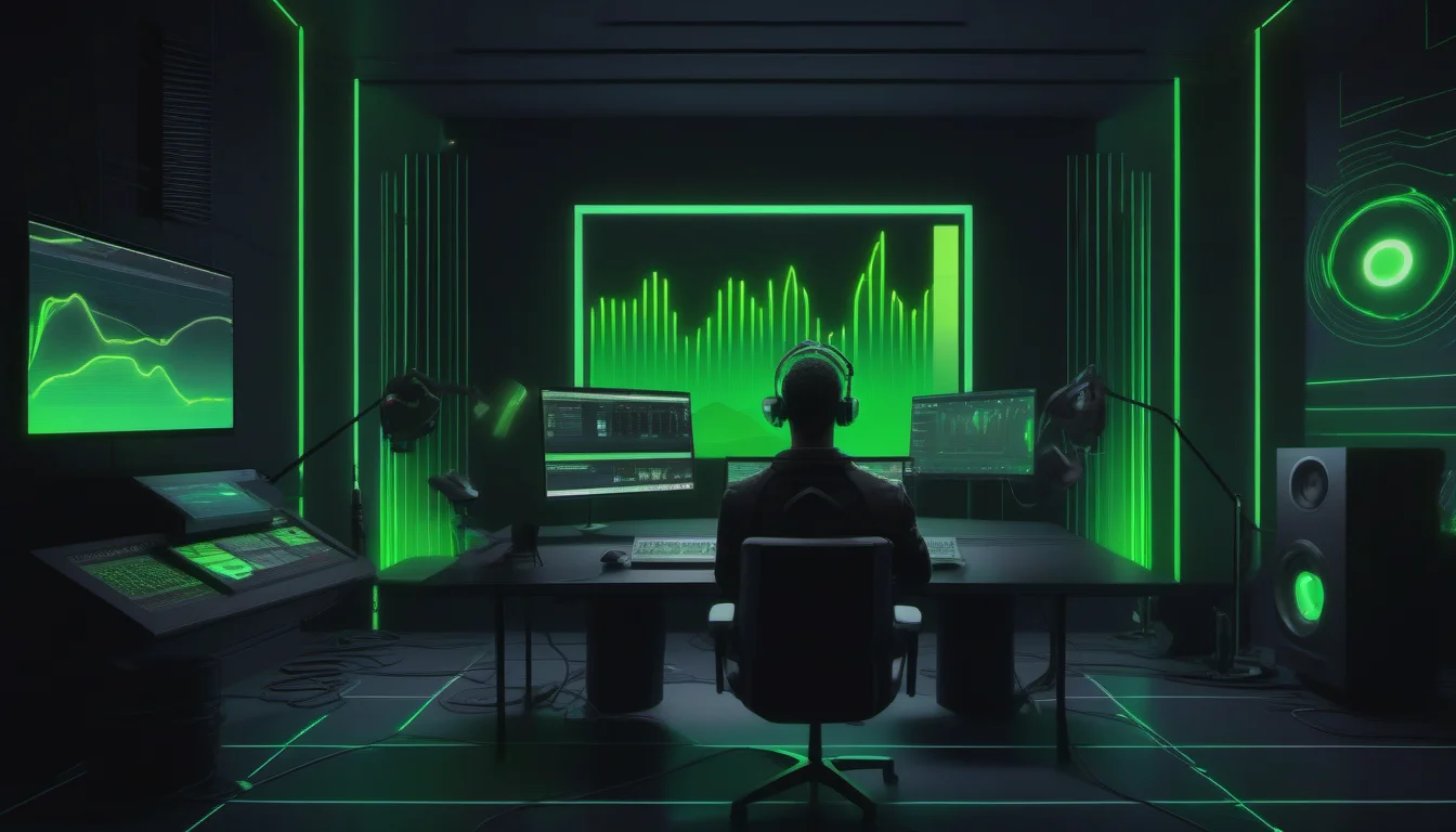Professional podcast recording studio with microphone and digital marketing dashboard