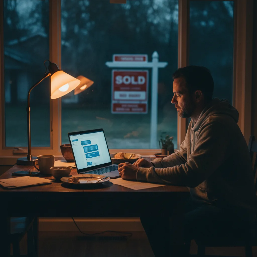 Man sitting at kitchen table late at night with laptop open showing a chat interface, SOLD sign visible through window - selling a house with AI