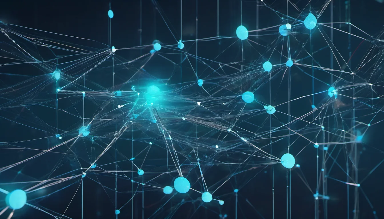 Abstract visualization of structured data nodes connecting to Google search, glowing in blue and teal on dark background