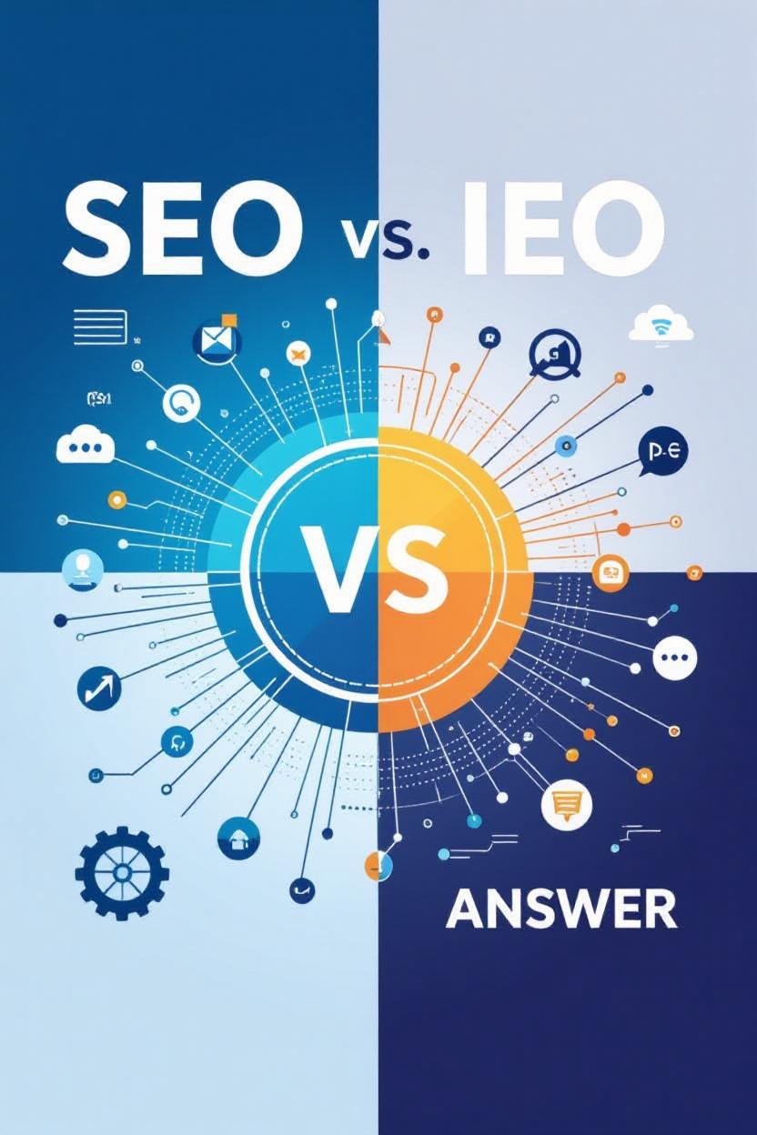 SEO vs IEO comparison infographic showing traditional search optimization versus AI-powered answer engine optimization strategies