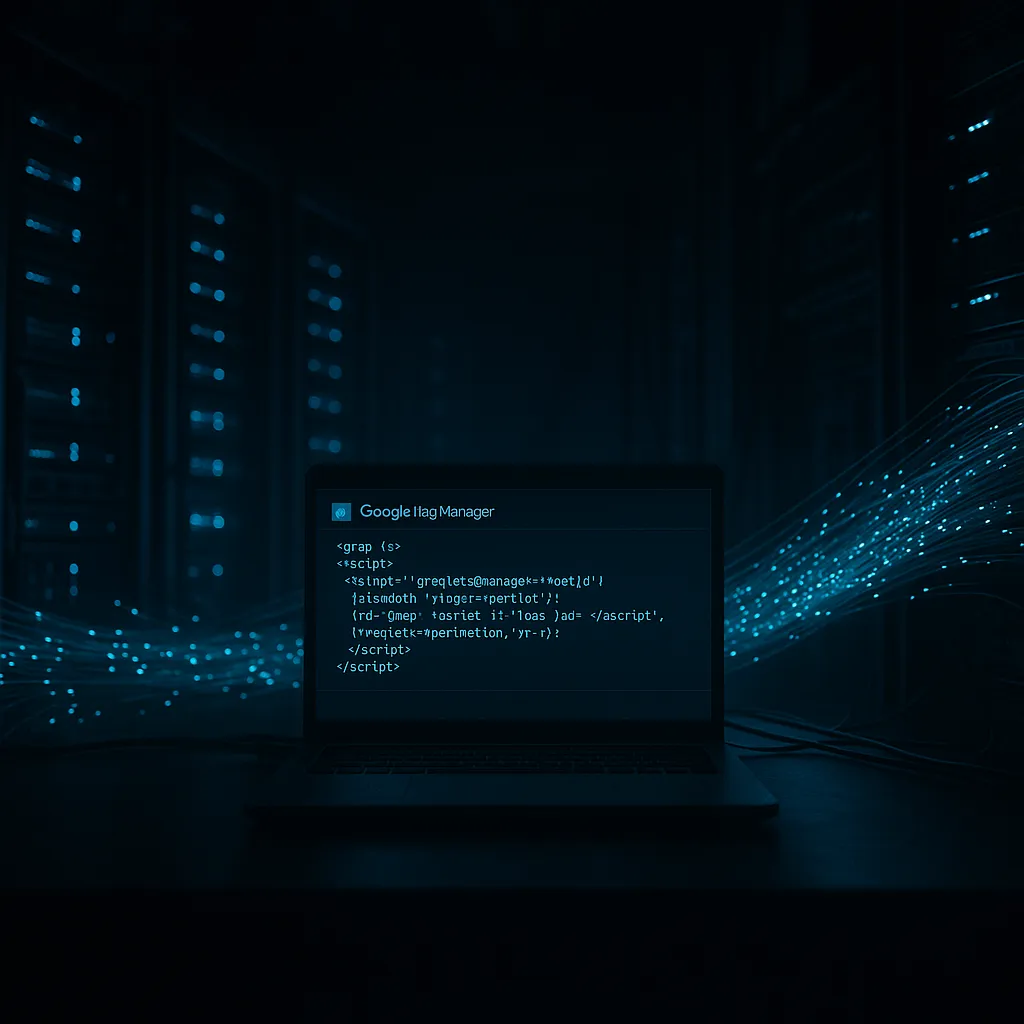 Server room with laptop showing Google Tag Manager code and glowing blue rack lights