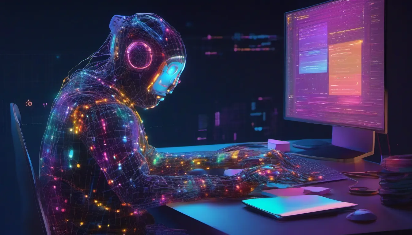 Developer working on computer with AI coding assistant, dark tech background with green accents