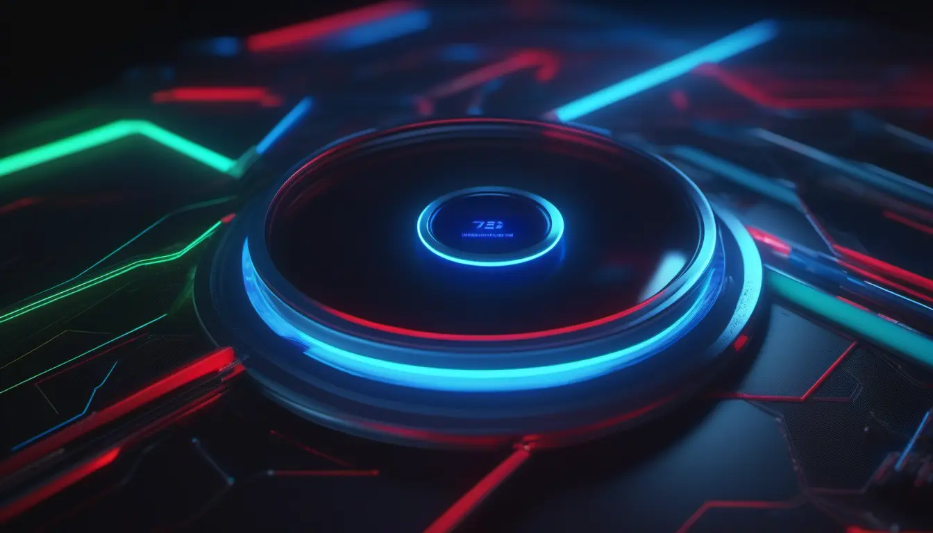 Abstract dark visualization of video play buttons and SEO ranking charts floating in 3D space with electric blue data streams