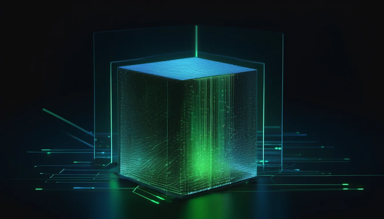 Image file compression visualization showing a photograph being compressed into a compact glowing data cube, representing WebP format efficiency